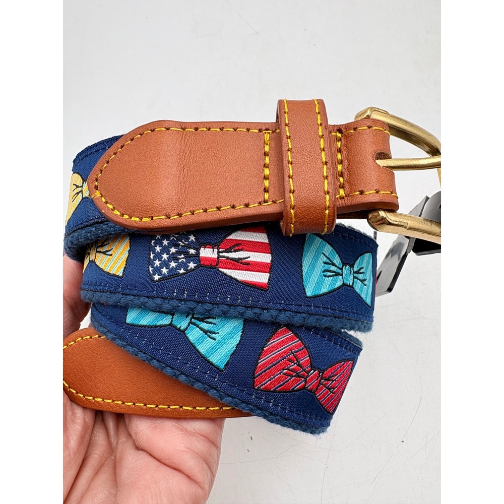 Simply Southern Bow Tie Web Belt Men Size 36 Navy Blue New Embroidered Leather
